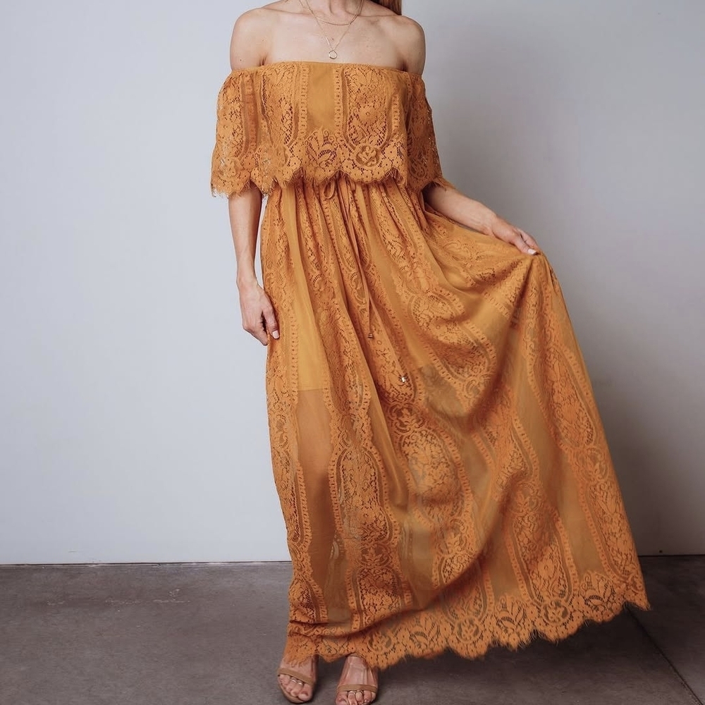 Elegant Off-Shoulder Lace Dress in Orange